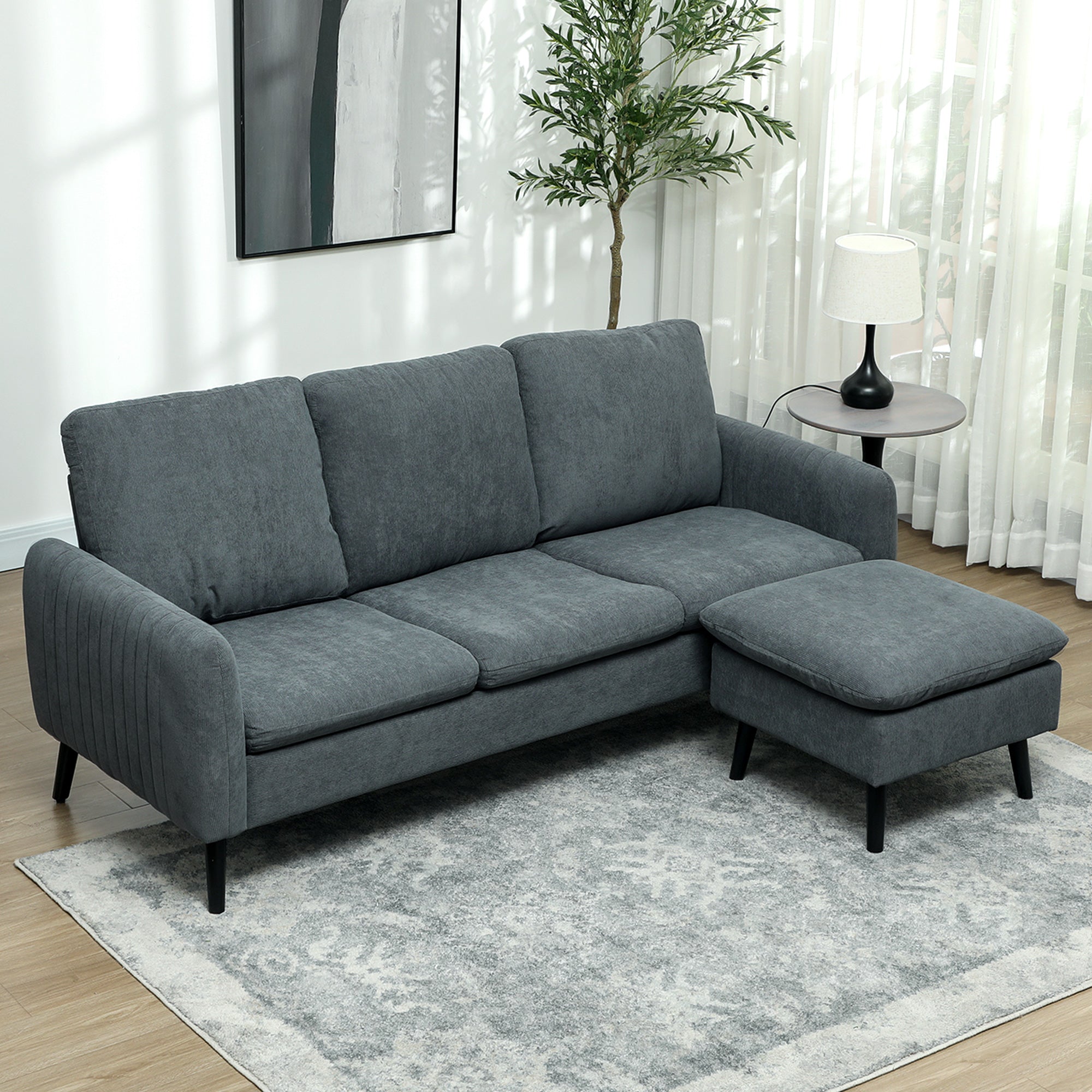 HOMCOM 3 Seater Sofa with Ottoman, 196cm Corduroy L-shaped Sofa Couch with Scatter Back, Reversible Chaise Lounge for Living Room, Home Office, Small Spaces, Charcoal Grey